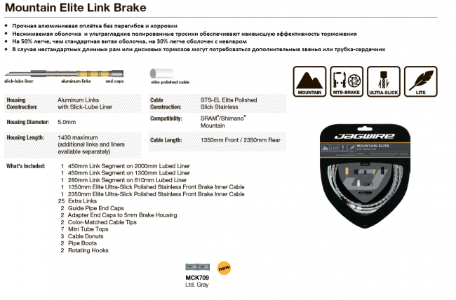 Комплект тросов тормоза с оплёткой MCK709 MOUNTAIN ELITE LINK BRAKE KIT цвет серый (лимитированная версия)